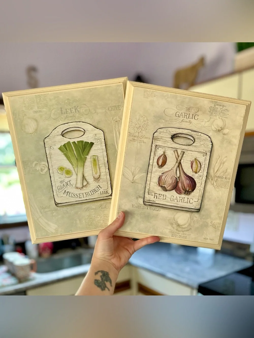 Set of 2 Framed Kitchen Plaques Garlic & Leek On Cuttingboards 8x10 Wall Decor